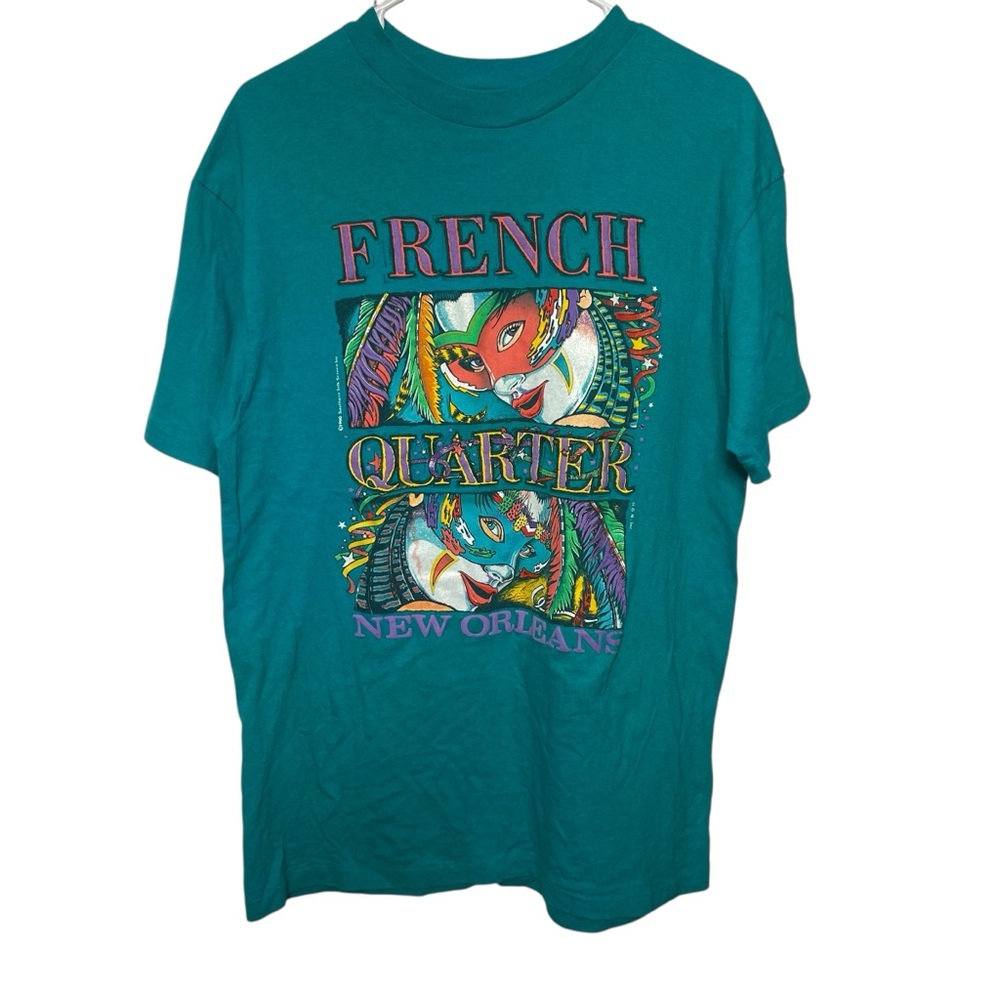 Teal Vintage 90s French Quarter Graphic T-Shirt Puffy Print Glitter L
